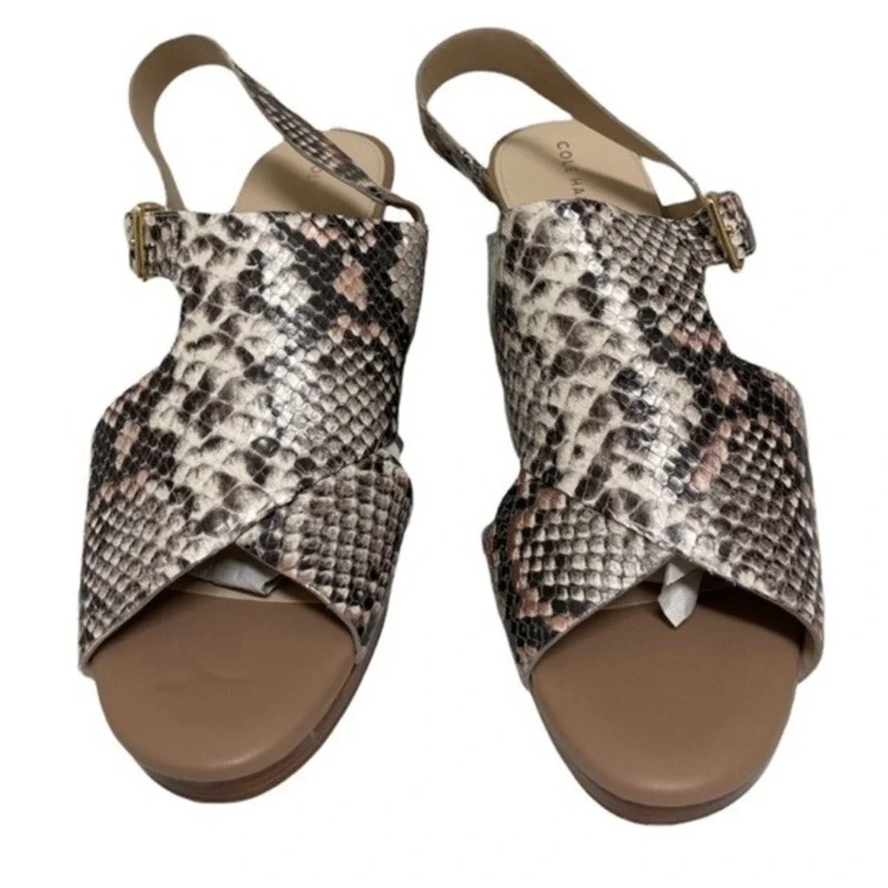 Cole Haan Grand Ambition Wedge Sandals Womens 10 Snakeskin Slingback Beige